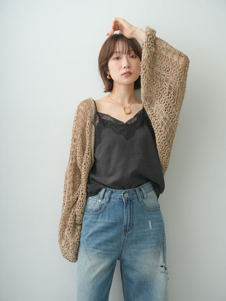[SET]ミックスメッシュニットボレロ+スウェードタッチレースコンビキャミソール(2set)