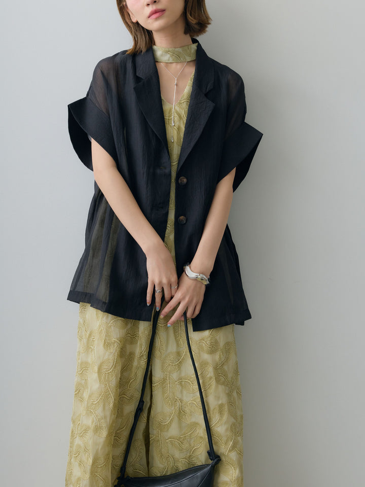 【套裝】葉子刺繡吊帶洋裝+透視寬鬆短袖外套（兩件套）