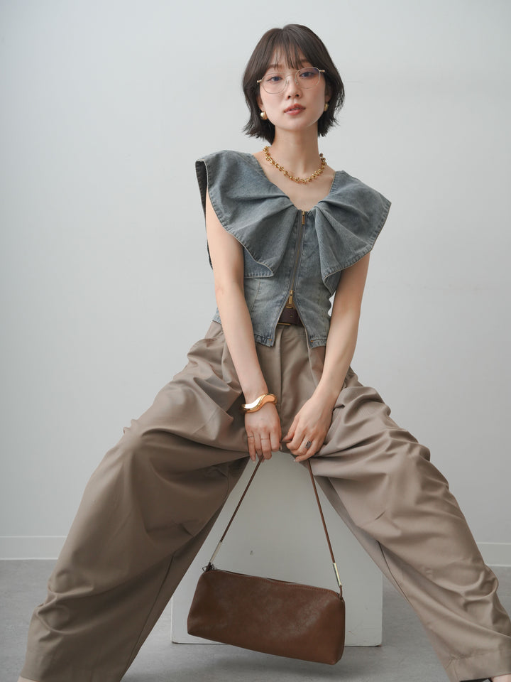 [SET]フロントジップフリルカラーデニムトップス+ショルダータックノースリーブオーバーTEE+ベルトループカーブタックワイドパンツ(3set)