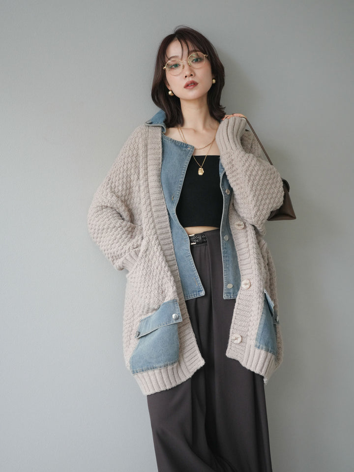 [予約]デニム襟レイヤードニットジャケット/greige