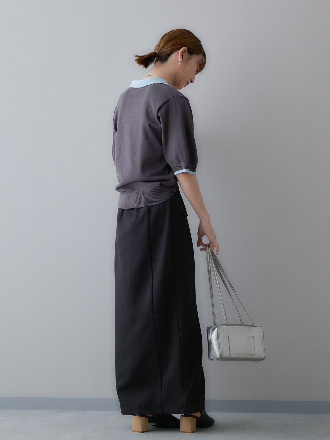 [SET]クールタッチバイカラーハーフニットポロ+クレープデシンフラップ付きストレートスカート(2set)