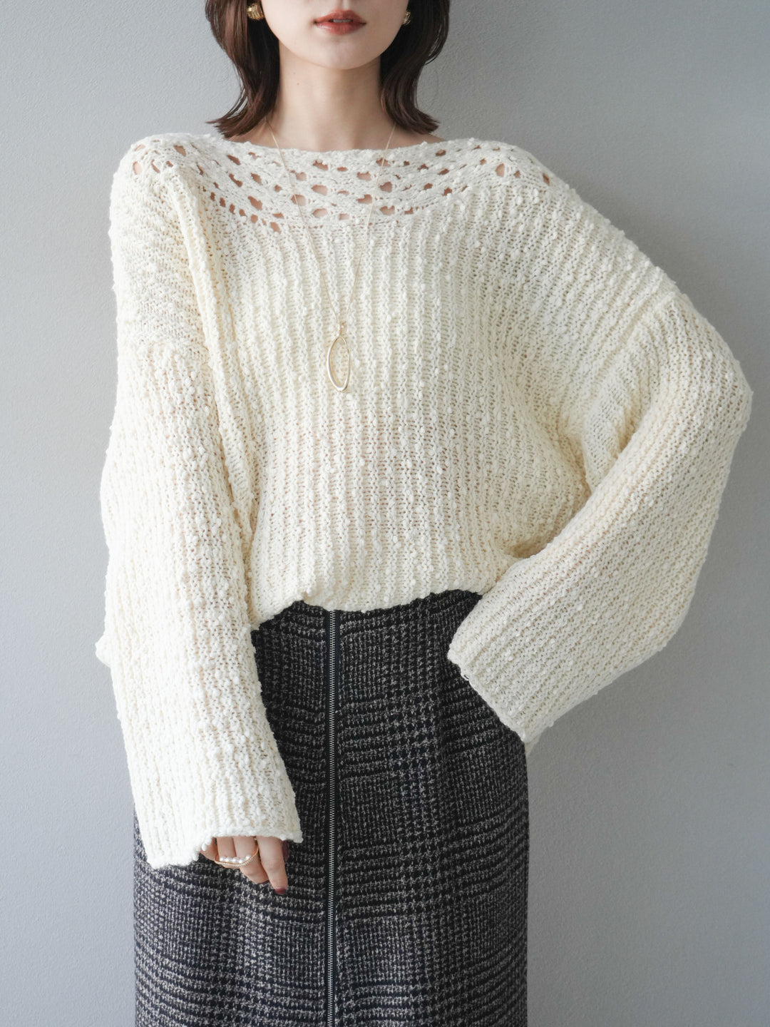 [予約]ボートネック透かし編みニットプルオーバー/white