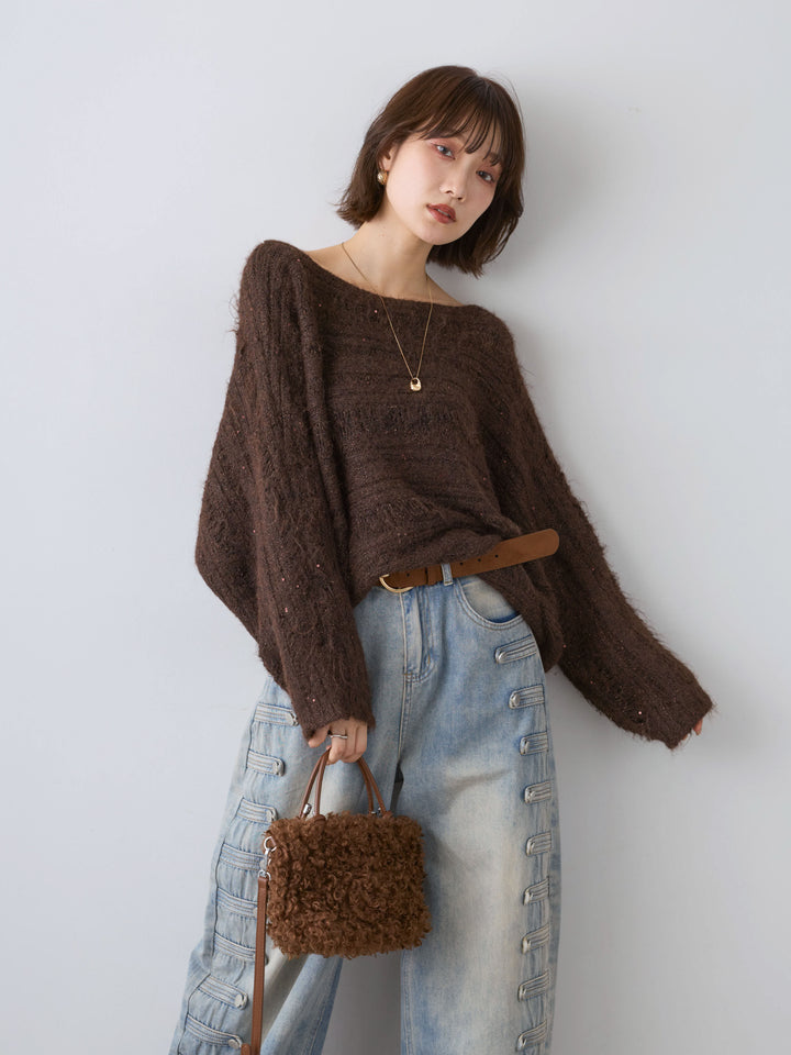 [予約]ミックス透かし編ワイドネックニットトップス/brown