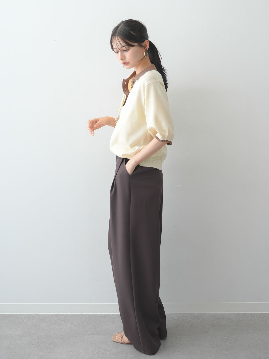 [SET]クールタッチバイカラーハーフニットポロ+ベルトループデザインワイドパンツ(2set)