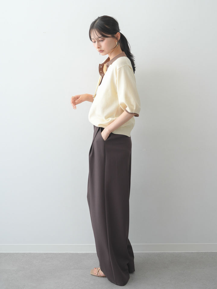 [SET]クールタッチバイカラーハーフニットポロ+ベルトループデザインワイドパンツ(2set)