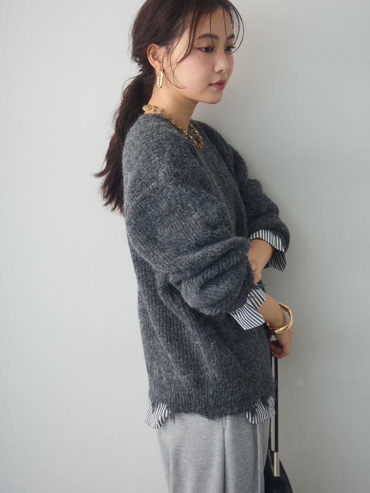 [SET]シャツレイヤードデザインモヘアプルオーバー+2WAYデザインスウェットパンツ(2set)