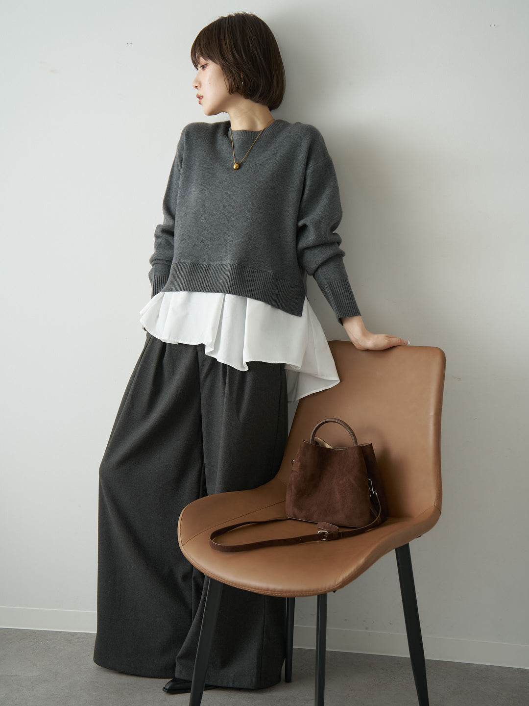 [SET]アシンメトリーシャツレイヤードニットプルオーバー+ダブルタックドレープストレートワイドパンツ(2set)