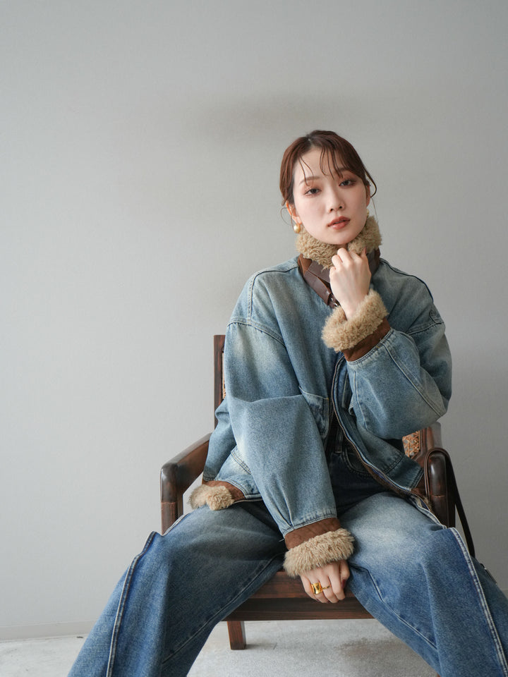 [予約]スタンドカラーファー×デニムジャケット/lightblue