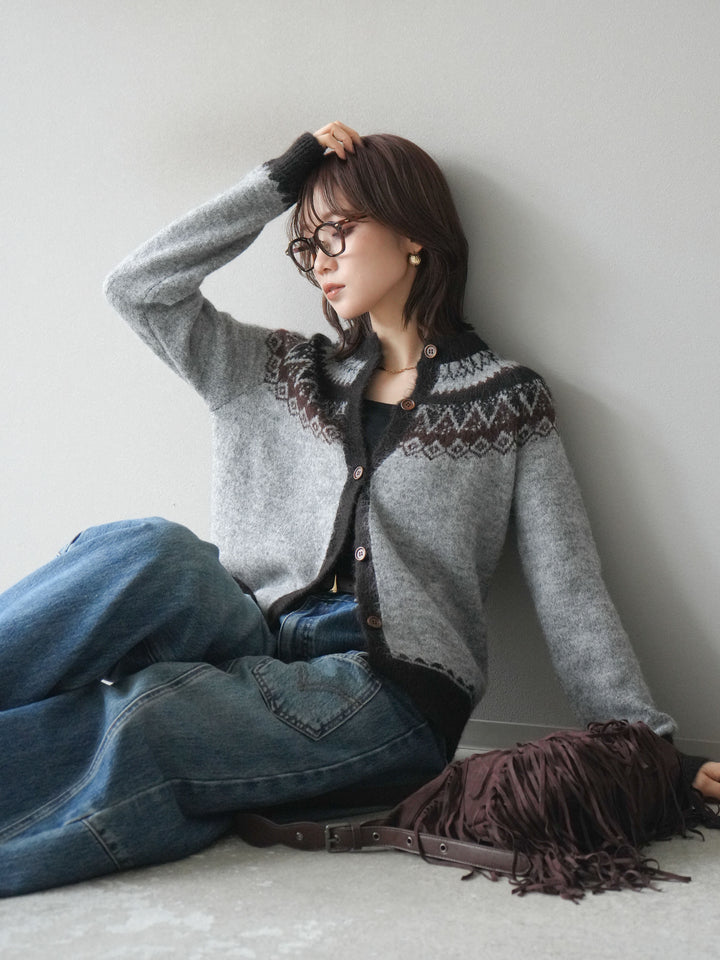 [SET]ノルディック柄ニットカーディガン+ペインターカーブデニムパンツ(2set)