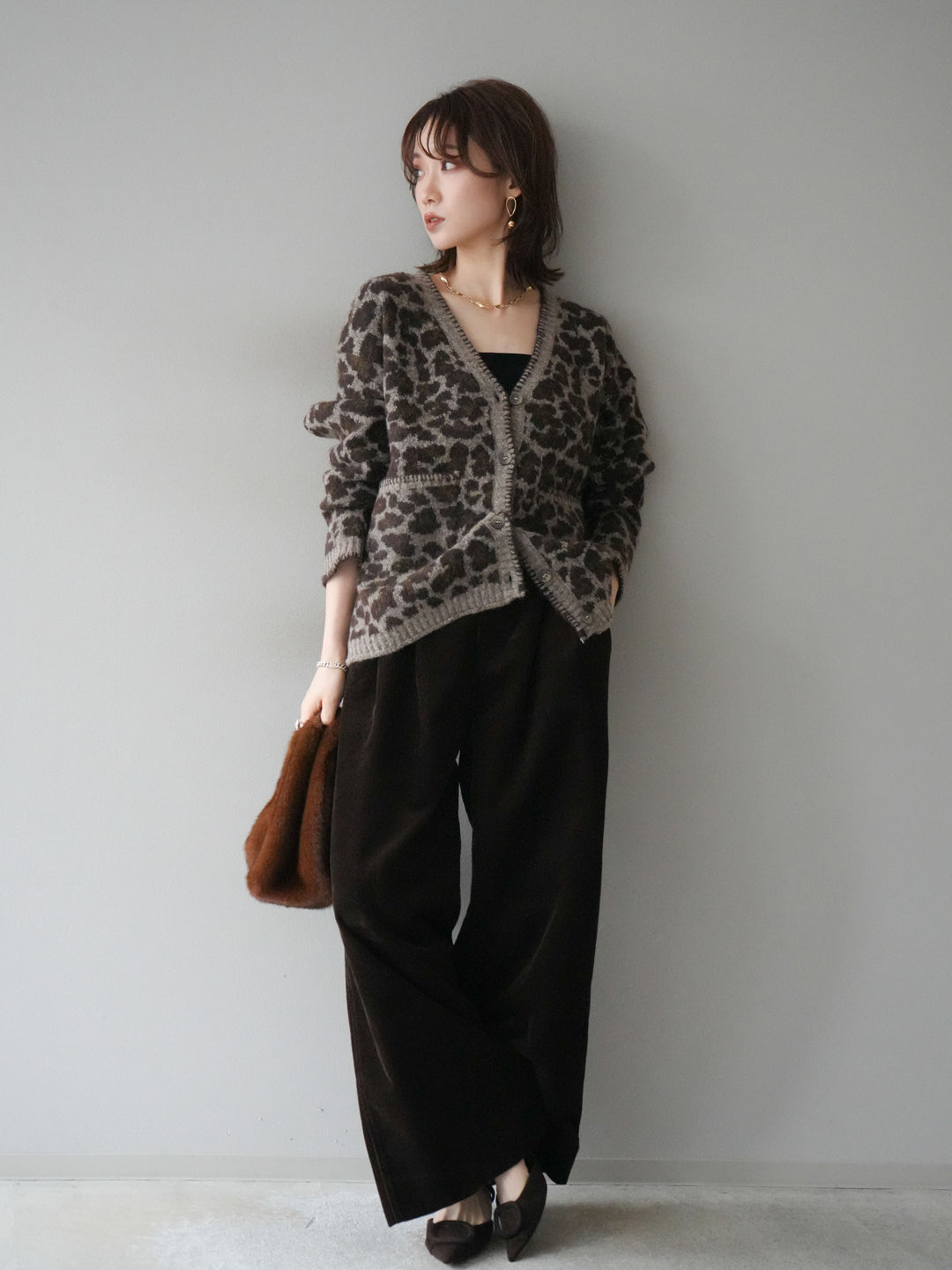 [予約]ベルト付コーデュロイワイドパンツ/brown