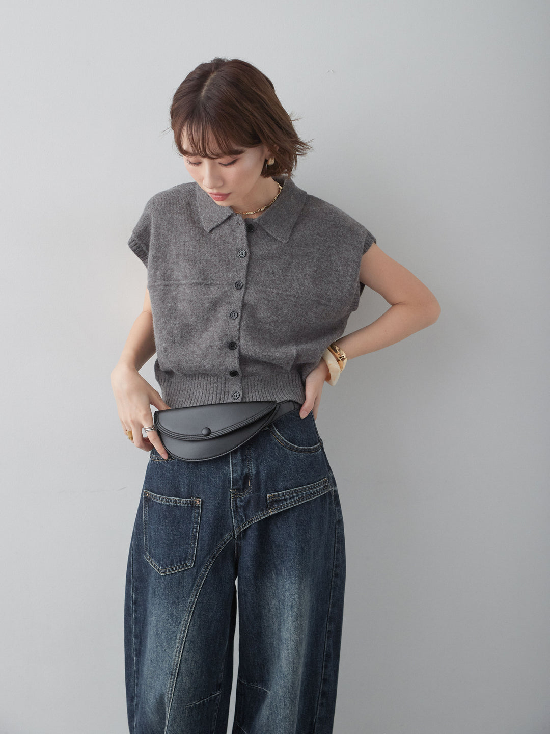 [SET]アルパカタッチコクーン襟ベスト+アシンメトリーポケットワイドデニム(2set)