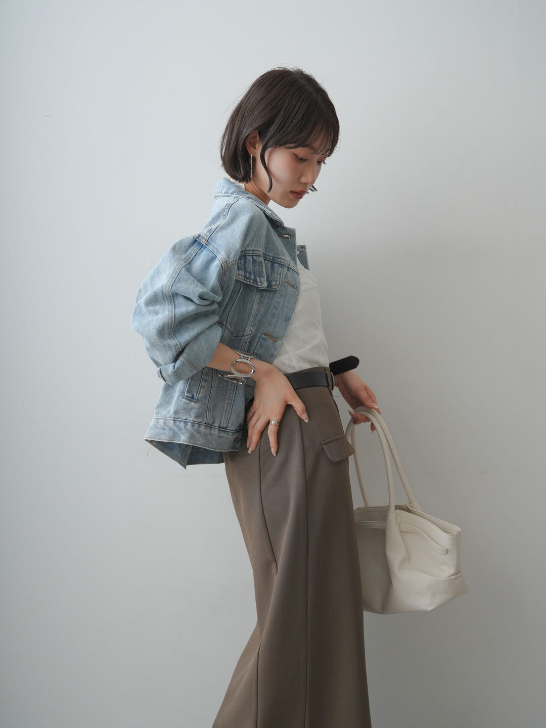[SET]フラップデザインデニムジャケット+クレープデシンフラップ付きストレートスカート(2set)