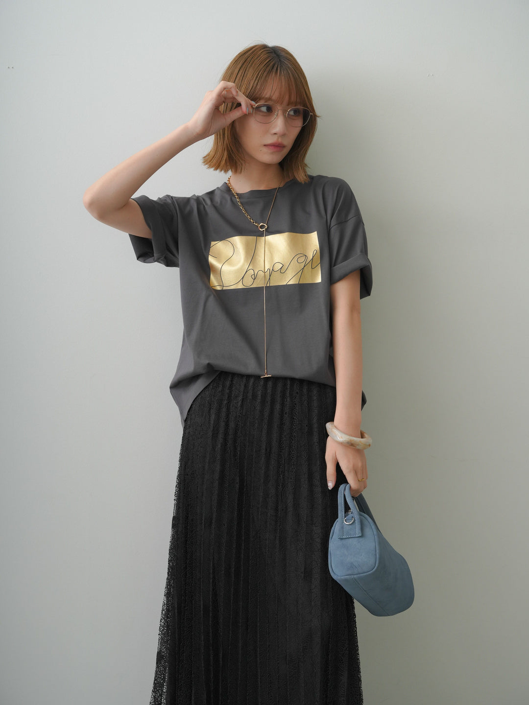 [SET]箔プリントボックスTEE+フローラルレースプリーツスカート(2set)