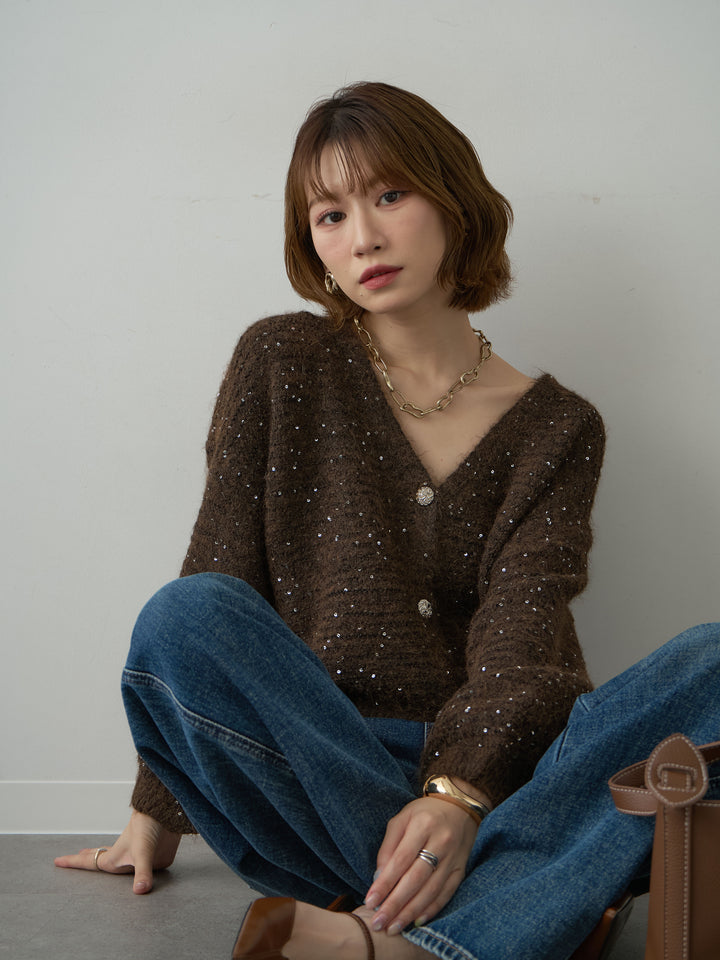 [SET]スパンコールデザインボタンカーディガン+ヒップフラップポケットストレートワイドデニム(2set)