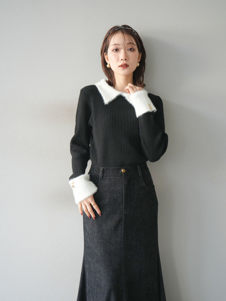 [SET]シャギー襟リブニットトップス+ベルベットマーメイドスカート(2set)