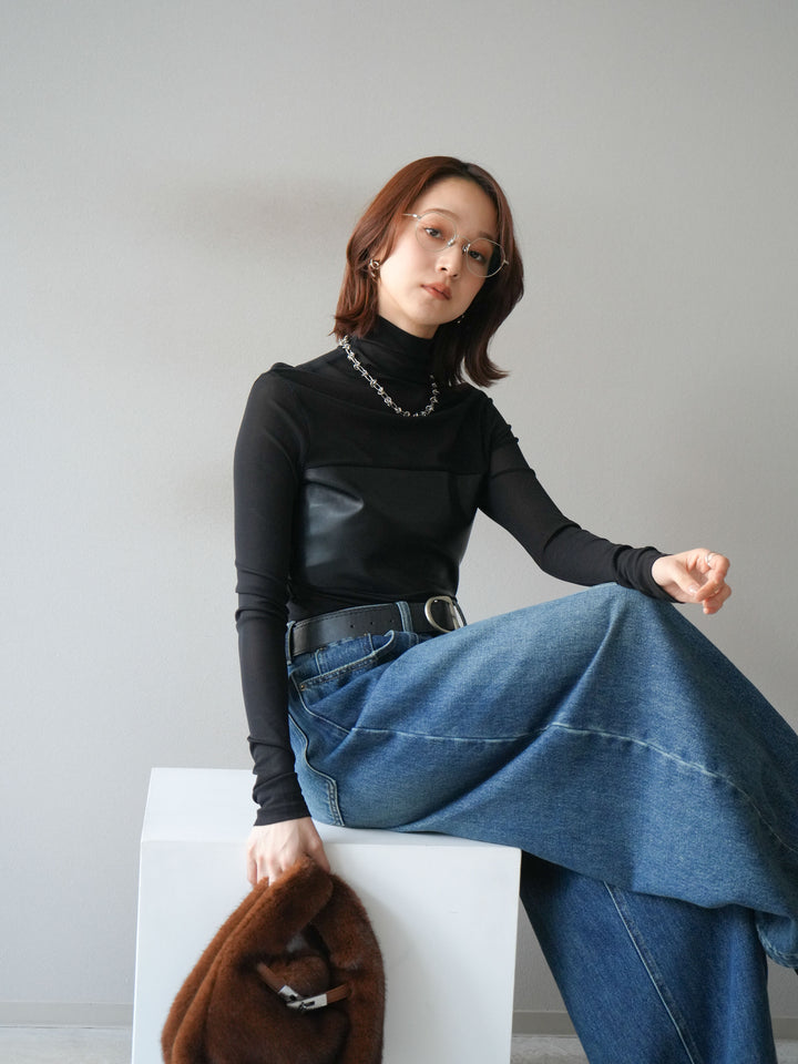 [予約]レザー切替プチネックシアートップス/black