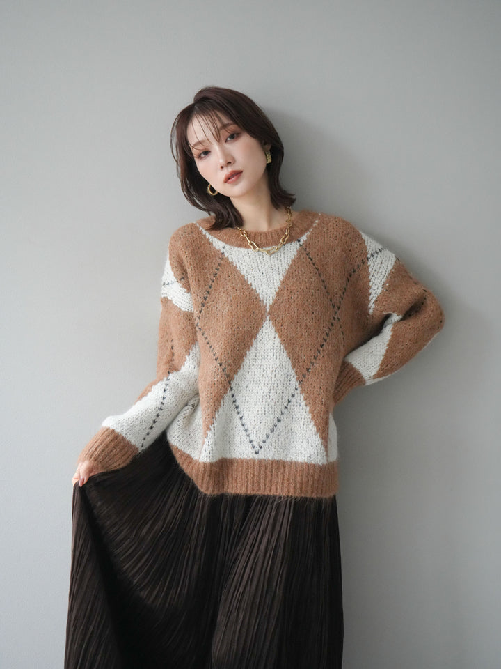 [予約]アーガイルオーバーニットプルオーバー/camel