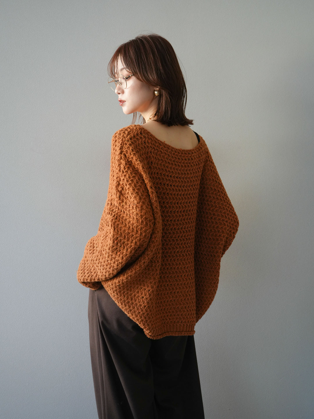[予約]ネップ透かし編みオーバーニット/camel