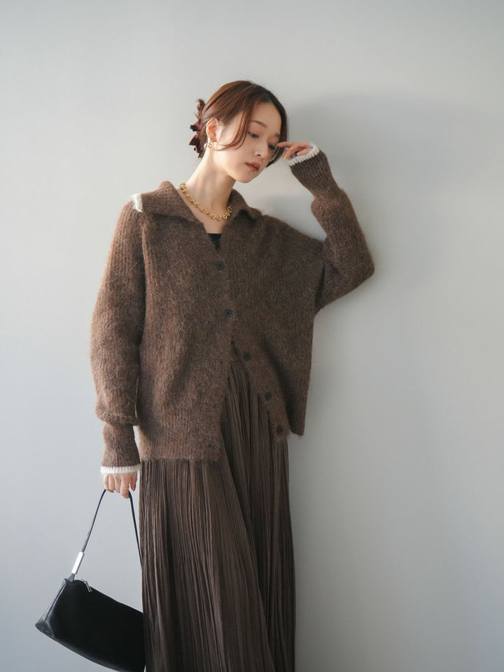 [予約]襟付きバイカラーミックスニットカーディガン/brown