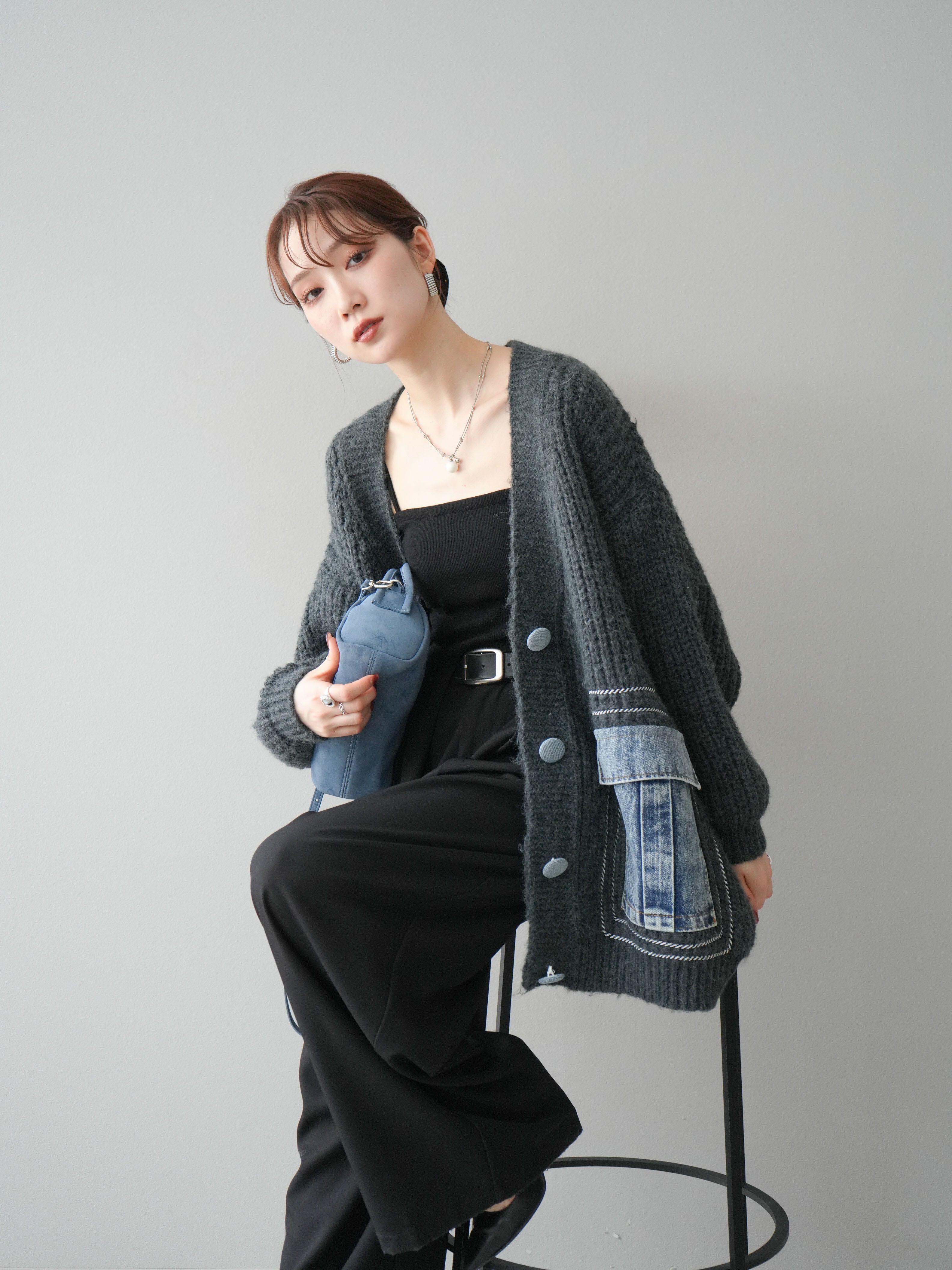 予約]デニムポケットハンドステッチカーディガン/gray – Lumier