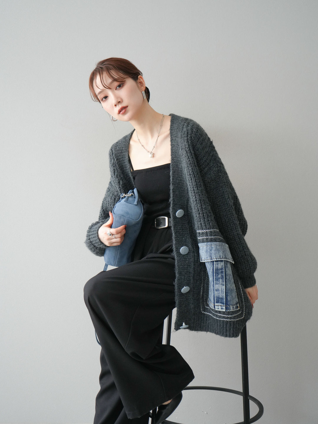 [予約]デニムポケットハンドステッチカーディガン/gray