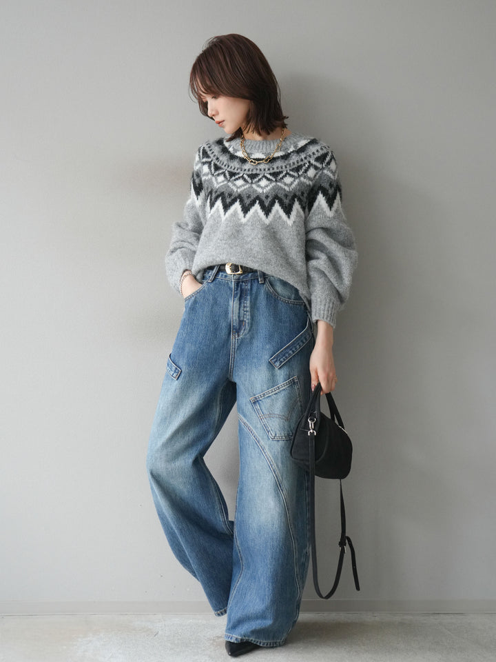 [SET]求心柄オーバーニットプルオーバー+ペインターカーブデニムパンツ(2set)