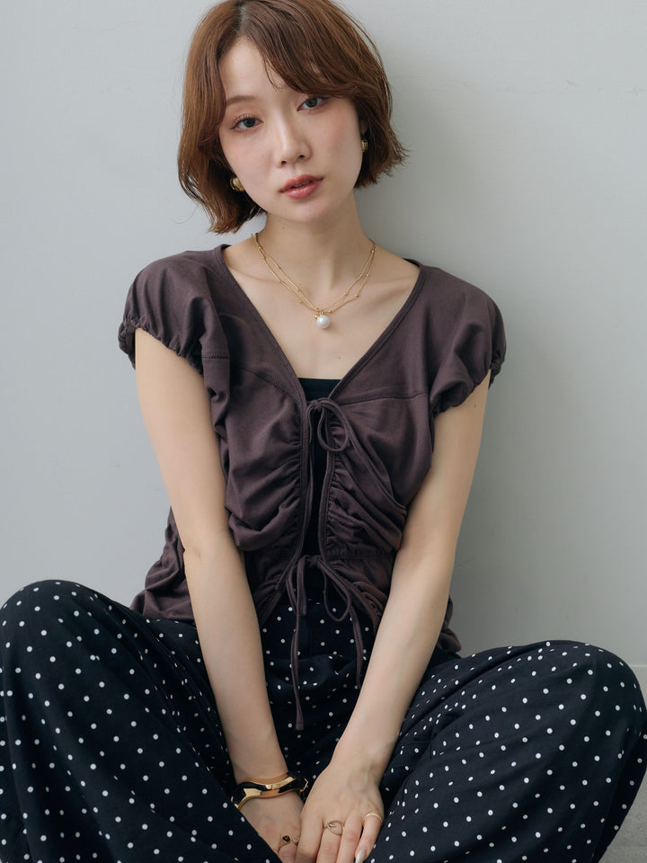 [SET]フレンチスリーブフロントリボンギャザートップス+選べるアクセセット(2set)