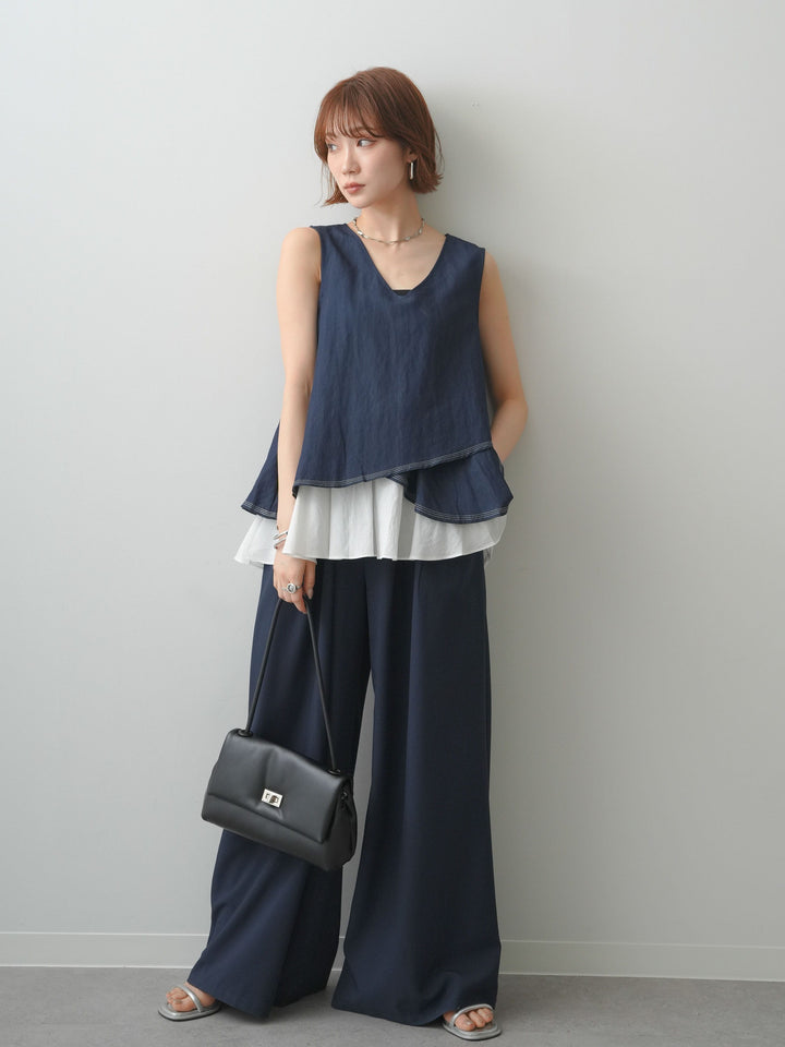 [SET]アシメフリルドッキングステッチノースリブラウス+ダブルバックルベルト付ワイドパンツ(2set)