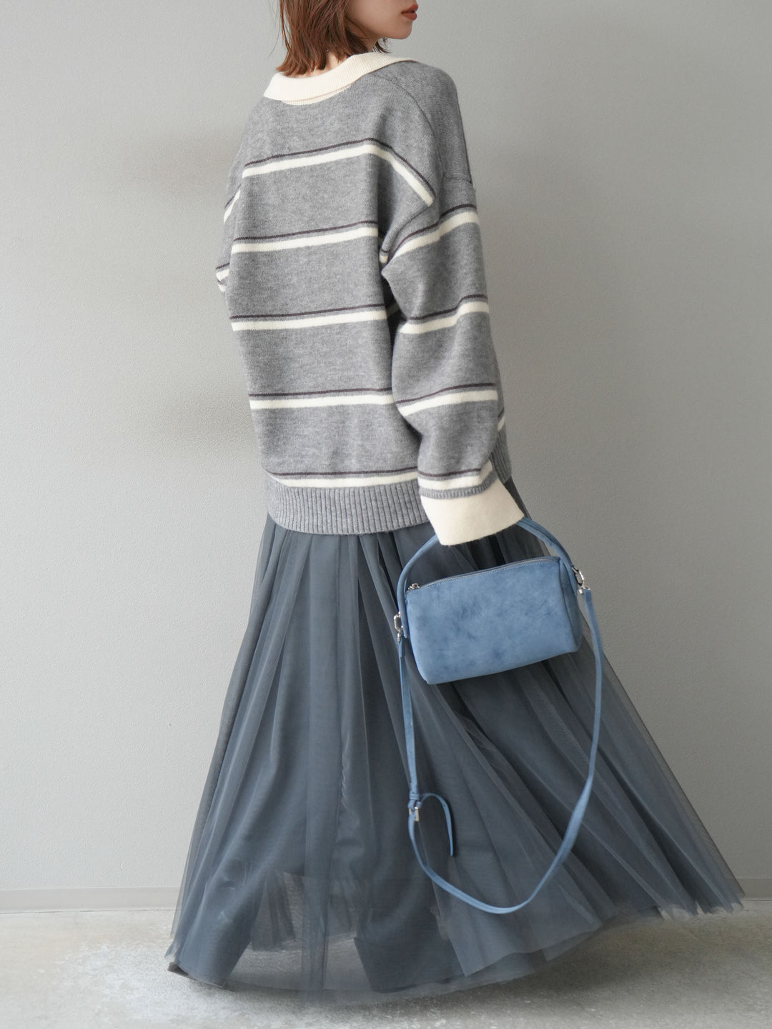 [SET]ポロ襟スキッパーボーダーニットプルオーバー+チュールボリュームスカート(2set)