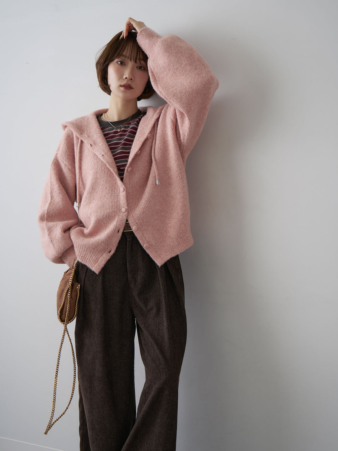 [SET]アルパカタッチソフトリブフードニットトップス+マルチボーダーロンTEE+ベロアデニムタックワイドパンツ(3set)