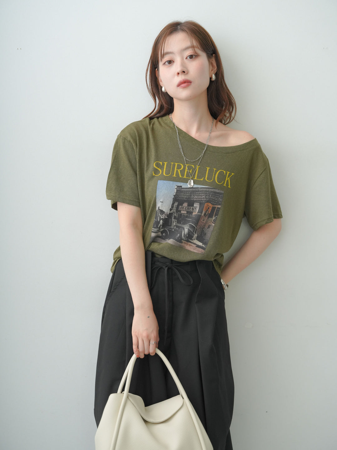 [SET]ワイドネックプリントTEE+ベルトループカーブタックワイドパンツ(2set)