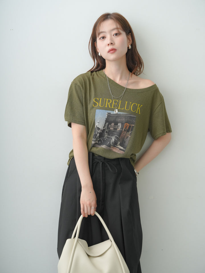 [SET]ワイドネックプリントTEE+ベルトループカーブタックワイドパンツ(2set)