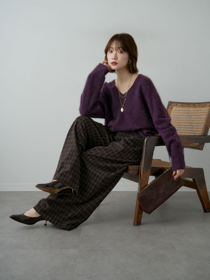 [SET]カシミア混フェザータッチVネックニットトップス+チェックサイドベルトデザインタックパンツ(2set)