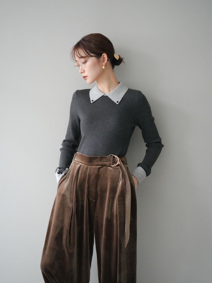 [予約]ニットカフス襟付き配色リブニットトップス/charcoal