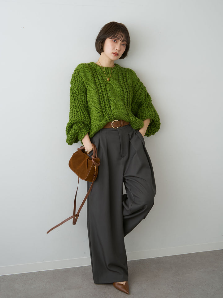 [SET]ボリュームケーブルニットプルオーバー+ツイルタックワイドパンツ(2set)