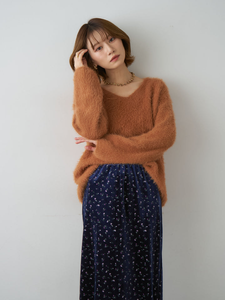 [予約]シャギーVネックニットトップス/orange