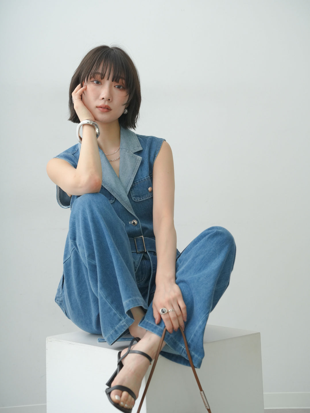 [SET]シルバーボタンデニムジレ＆パンツSET UP(2SET)+選べるアクセセット(2set)