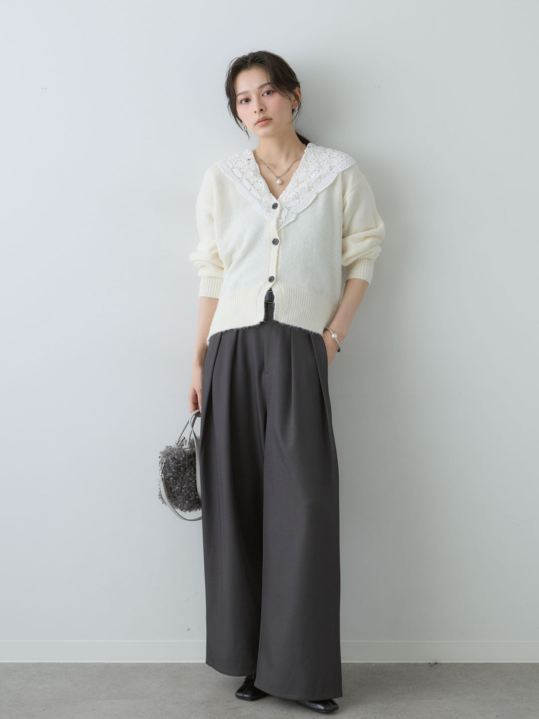 [SET]モヘアレースショールカラーカーディガン+ツイルタックワイドパンツ(2set)