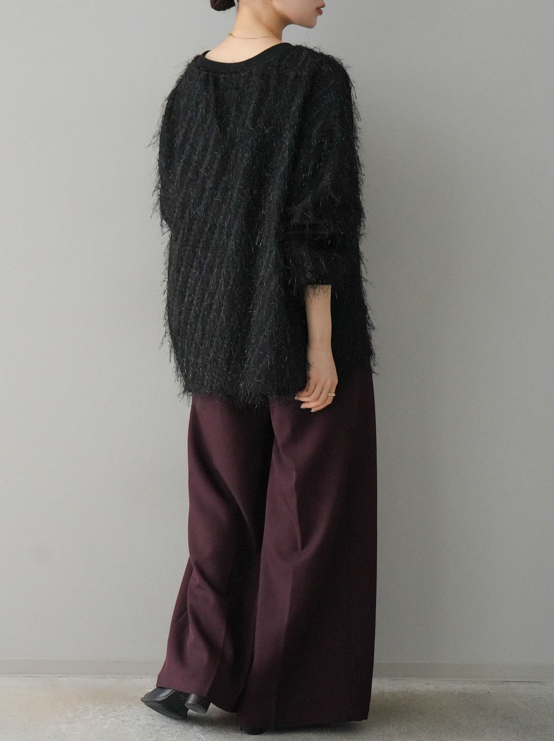 【預購】流蘇薄紗多層抓絨套頭衫/黑