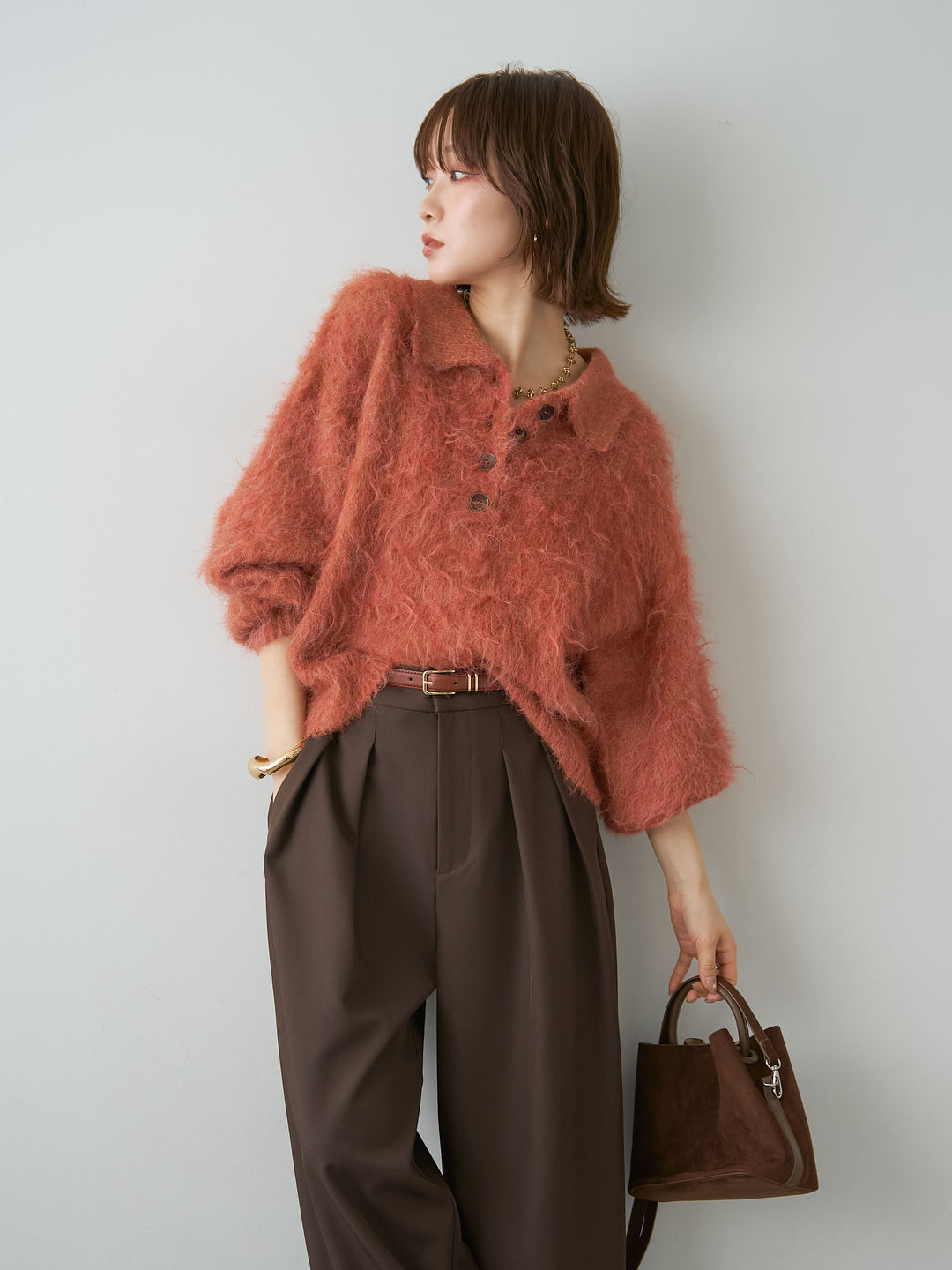 [SET]ヘンリーシャギーニットトップス+ツイルタックワイドパンツ(2set)