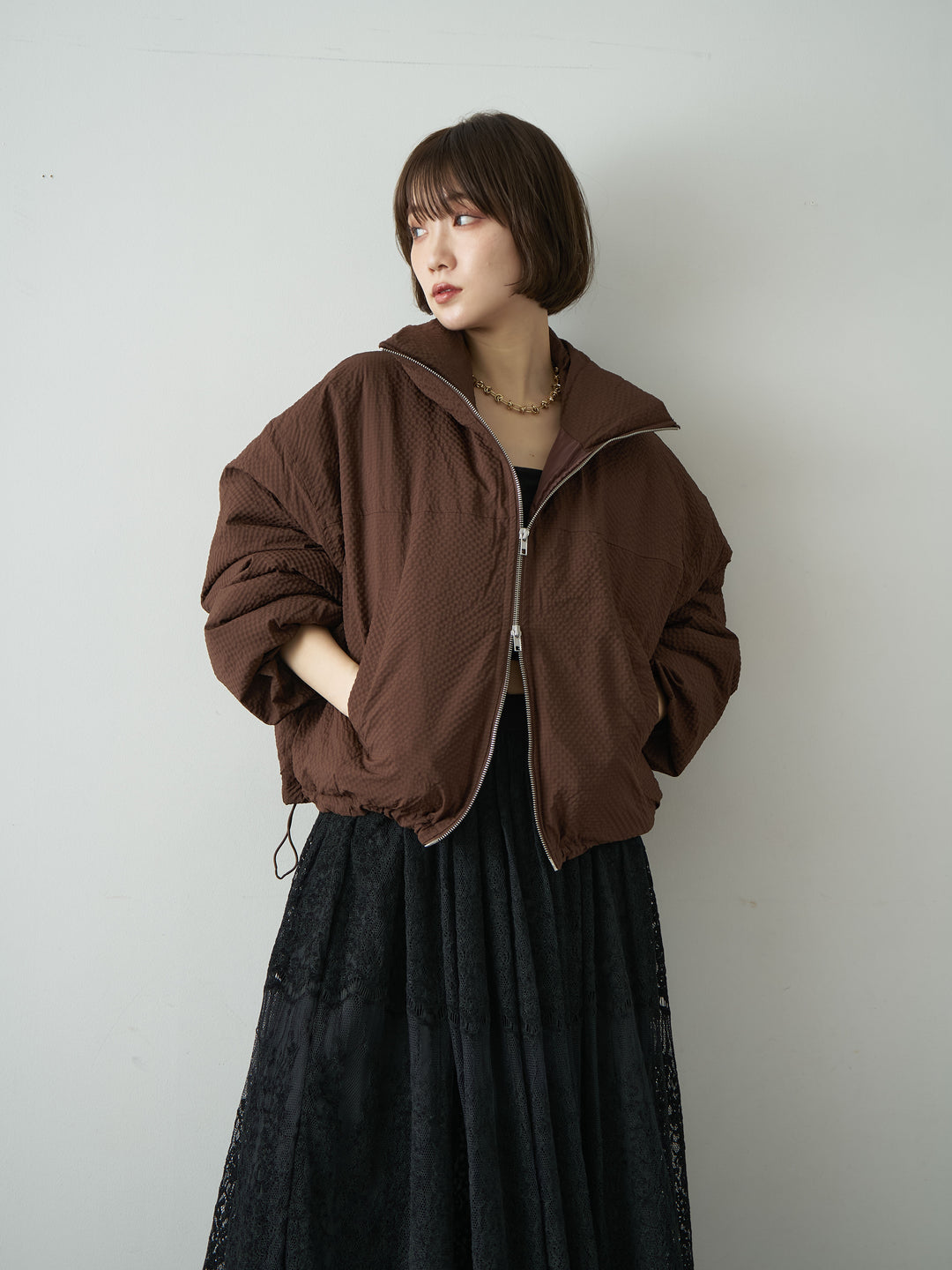 [予約]スタンドカラーショートパフジャケット/brown