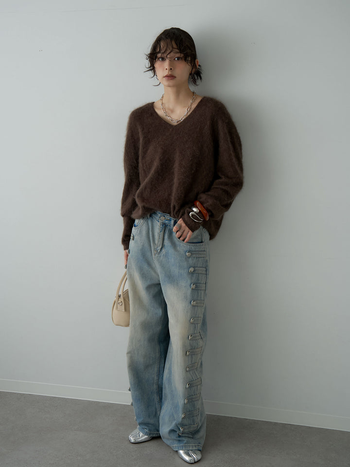 [SET]カシミア混フェザータッチVネックニットトップス+ナポレオンライトウォッシュワイドデニム(2set)