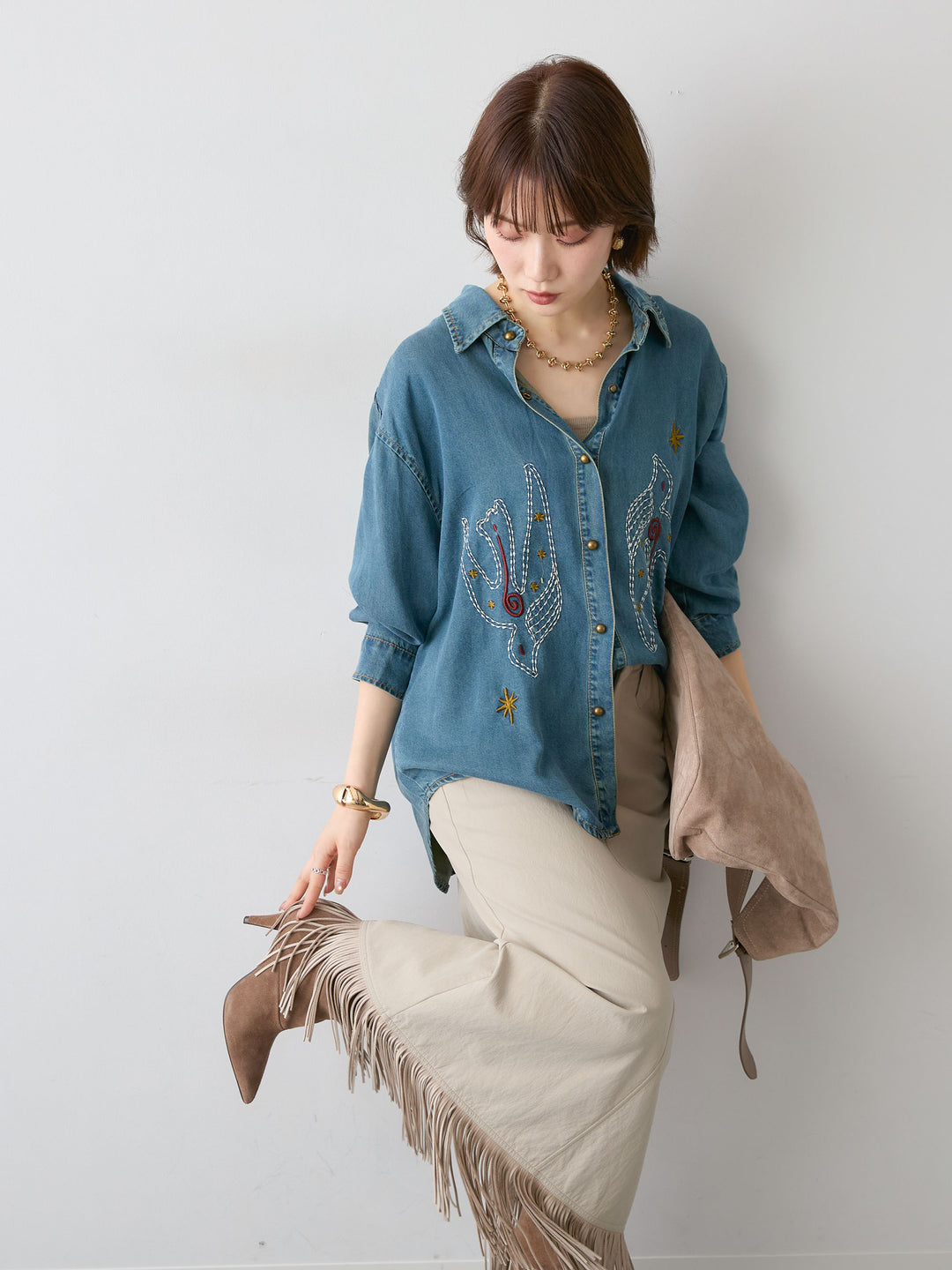 [SET]モチーフ刺繍デニムシャツ+選べるアクセセット(2set)