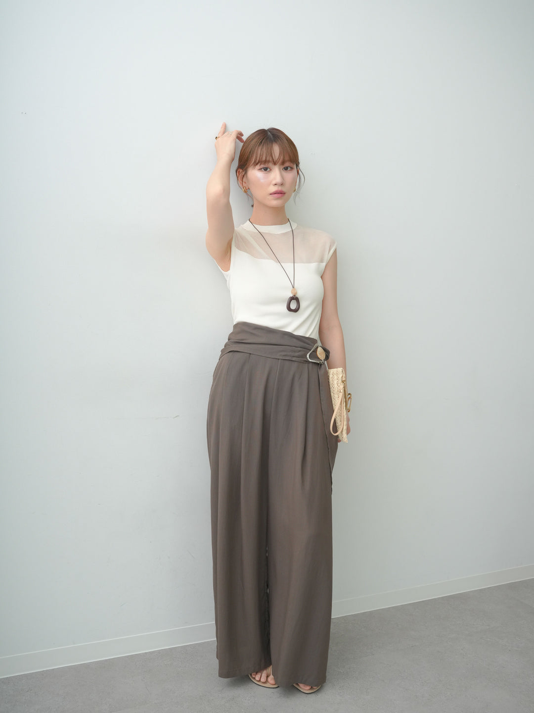 [SET]シアー切替ニットトップス+ベルトデザインタックドレープワイドパンツ(2set)