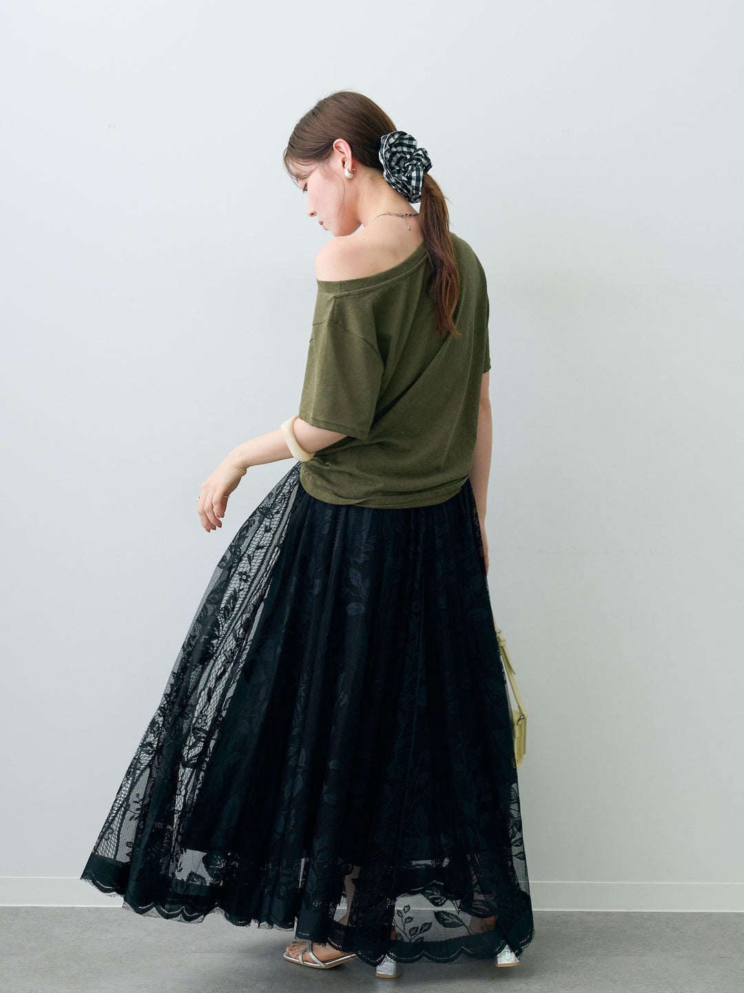 [SET]ワイドネックプリントTEE+ボタニカルパネルレースフレアスカート(2set)