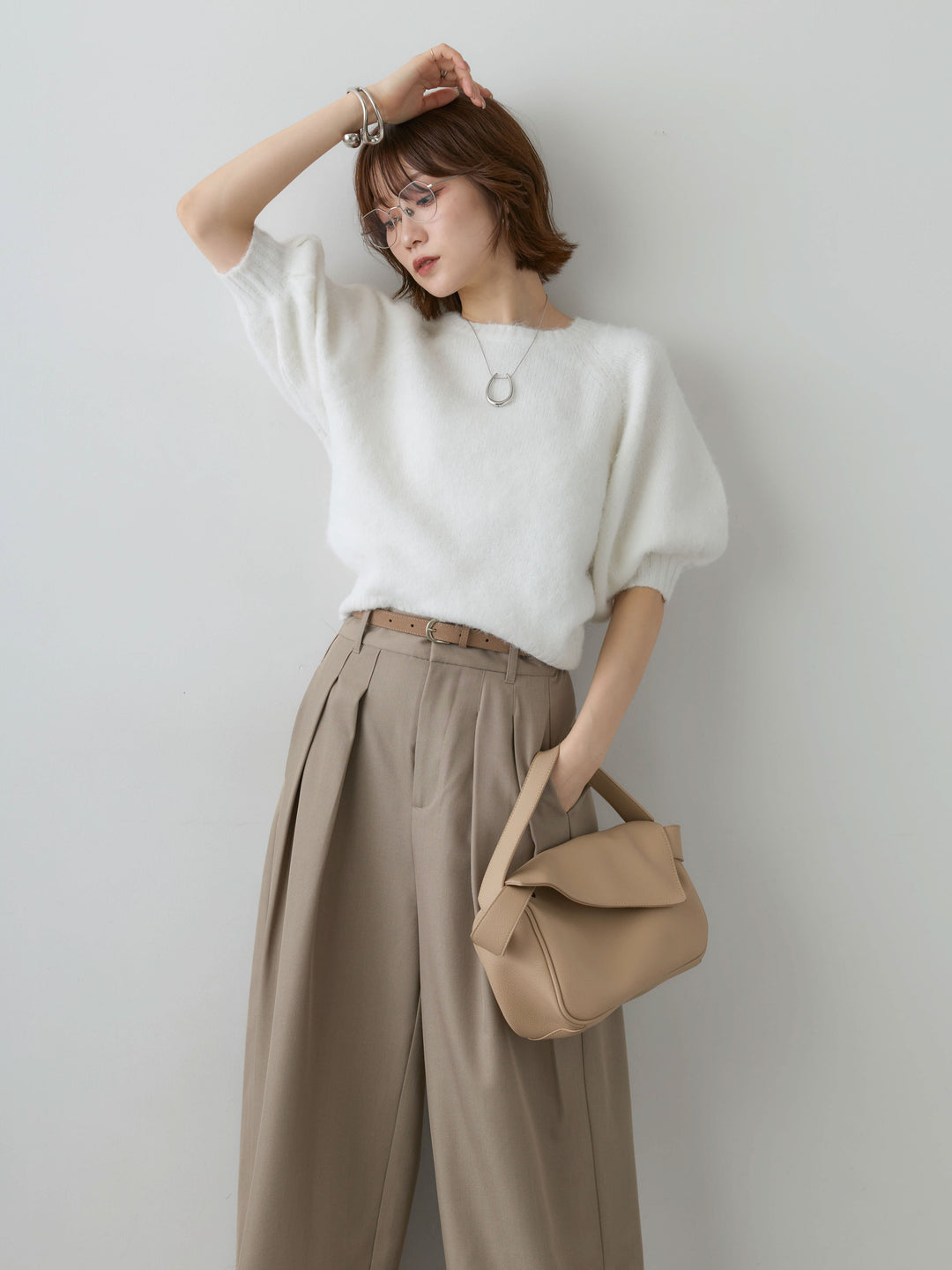 [SET]モヘアハーフプルオーバー+ツイルタックワイドパンツ(2set)