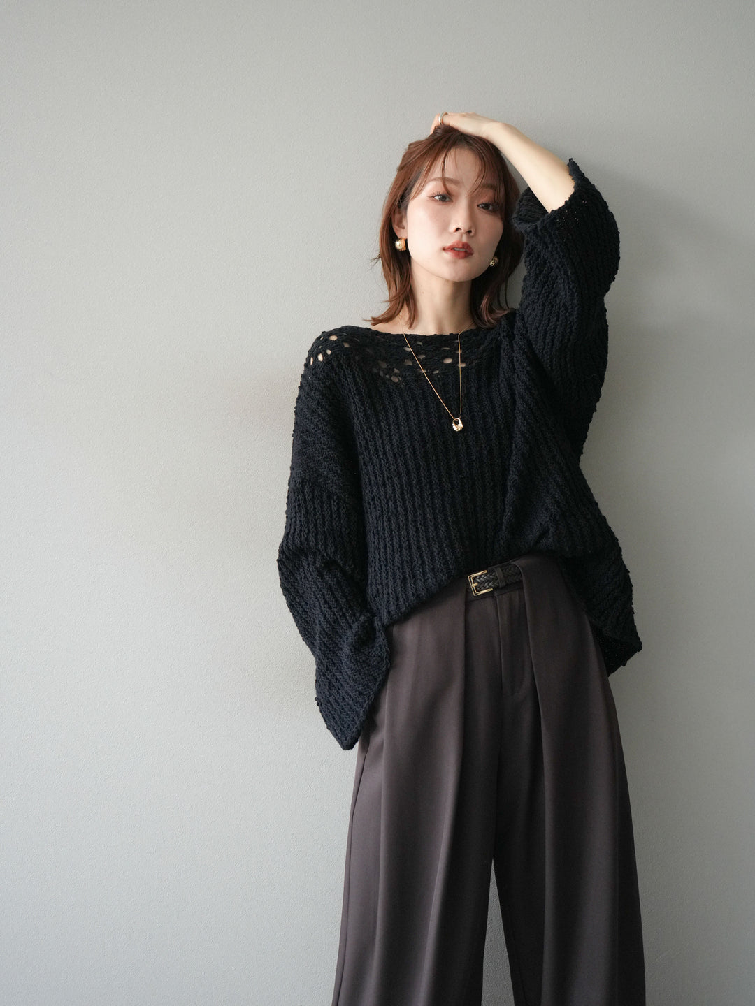 [予約]ボートネック透かし編みニットプルオーバー/navy