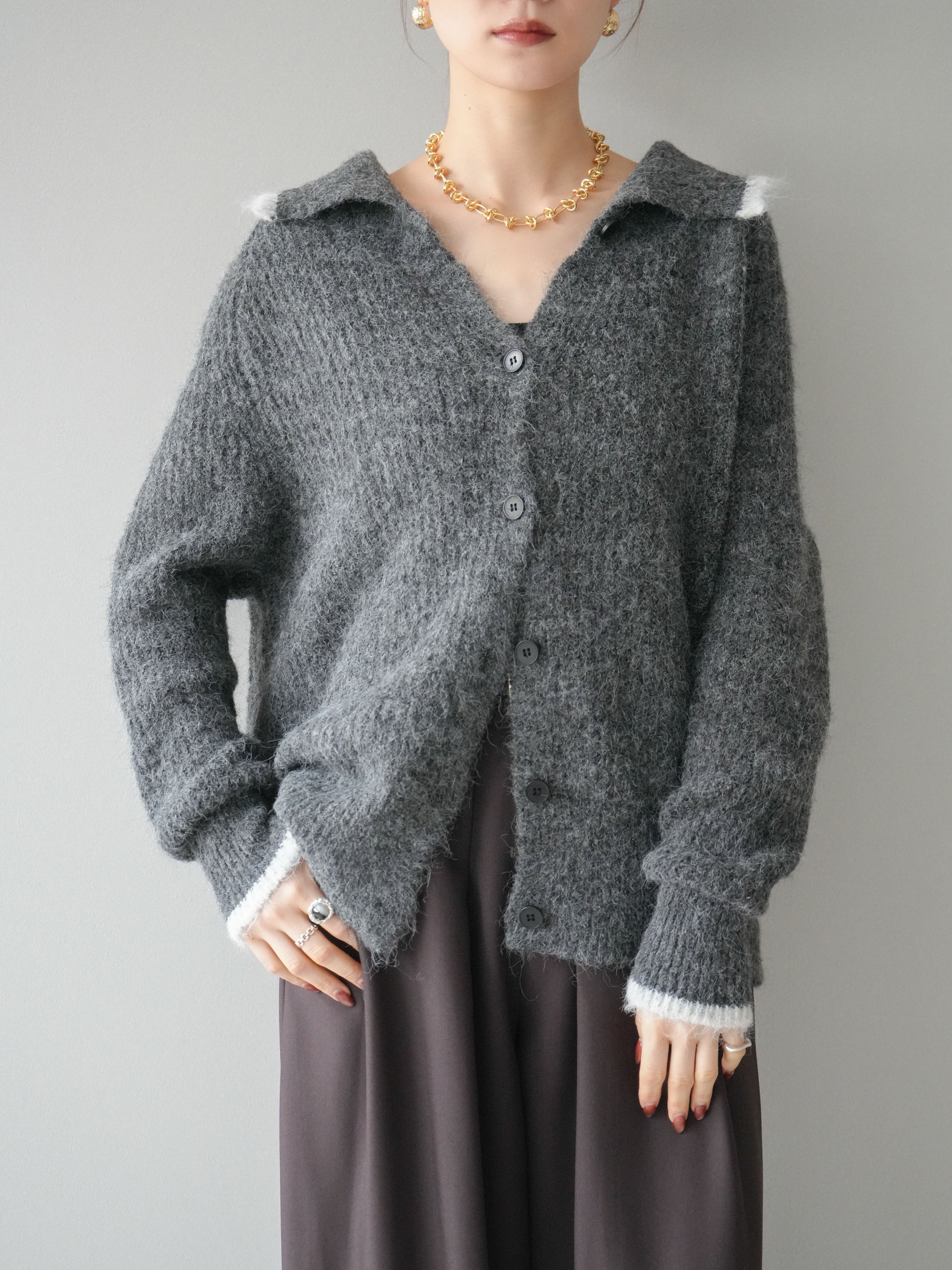 予約]襟付きバイカラーミックスニットカーディガン/gray – Lumier