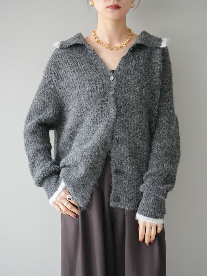 [予約]襟付きバイカラーミックスニットカーディガン/gray