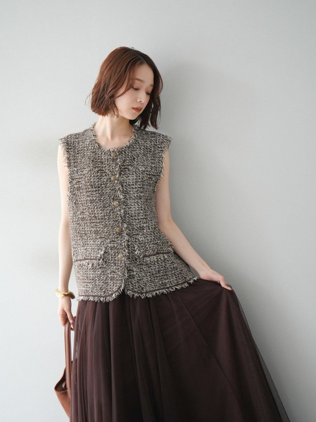 [予約]ミックスツイードフリンジニットベスト/ブラウン